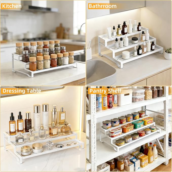 2 Pack Spice Rack Organizer for Cabinet, 13-21.5" Expandable Spicy Shelf | 9.45" Depth 3-Tier White Metal Seasoning Organizer, Kitchen Spice Organization, Slip-Resistant Guardrails for Jars and Cans