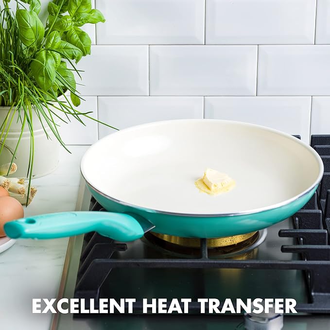 GreenPan Rio Healthy Ceramic Nonstick 10" Frying Pan Skillet, PFAS-Free, Dishwasher Safe, Turquoise (Pack of 4)