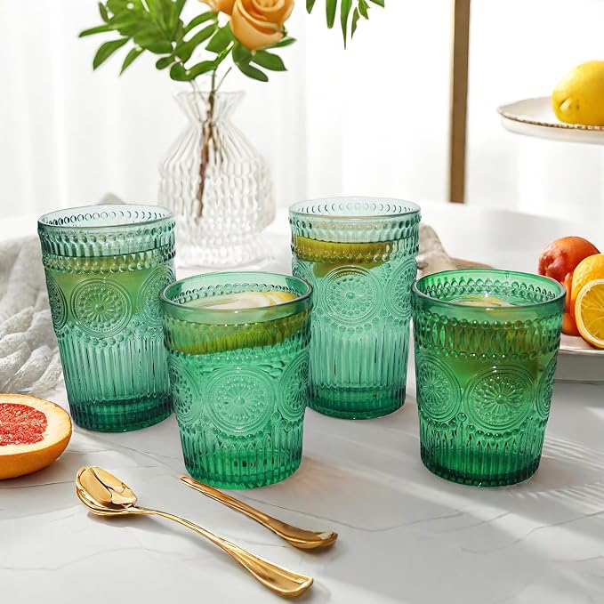 Loivttvv 12pcs Vintage Drinking Glasses Set, 12 oz Highball Glasses & 9 oz Embossed Ribbed Glassware Cups for Cocktail, Water, Juice, Coffee, Whiskey (Dark Green)