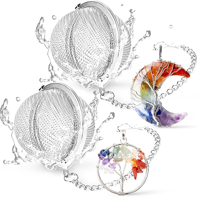 TeaSanavie 7 Chakra Healing Crystal Tea Infuser Set - Reiki Quartz Gemstone Wire Wrapped Crescent Moon & Tree of Life Pendants, Stainless Steel Loose Leaf Tea Steeper