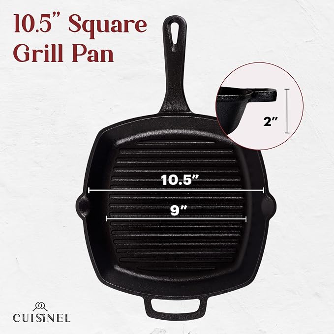 Cuisinel 10.5-Inch Square Cast Iron Grill Pan Set – PFAS & PFOA-Free Pre-Seasoned Ribbed Skillet with Grill Press, Glass Lid & Pan Scraper – Indoor Stovetop, Grill & Camping Cookware