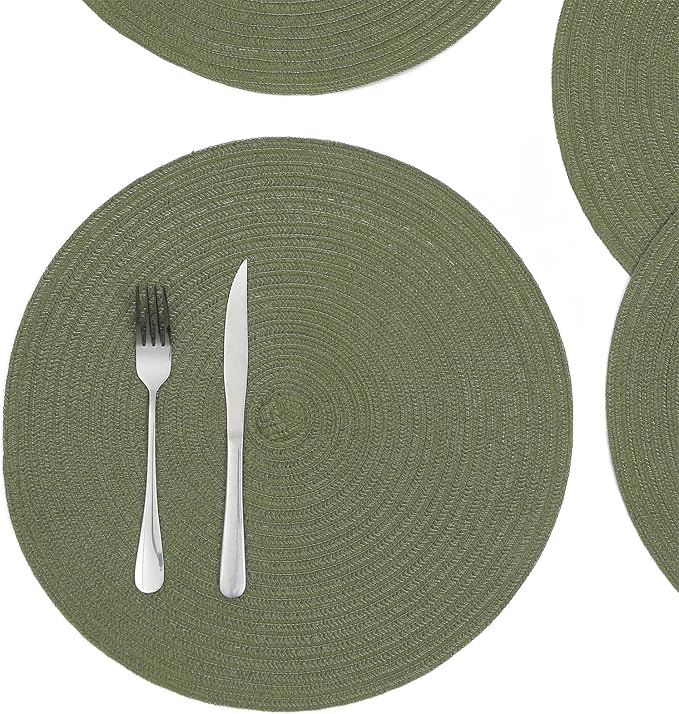 SHACOS Round Placemats Set of 12 Washable 15 inch Round Table Mats Cotton Polyester Woven Braided Place Mats for Dining Table Wedding Party Decor (Olive Green, 12)
