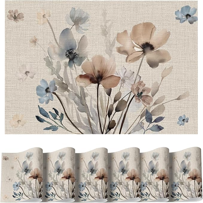Artoid Mode Brown Poppy Floral Vinyl Spring Placemats Set of 6, Wipeable Plastic Woven PVC Table Mats for Party Kitchen Dining Decor, 12x18 Inch