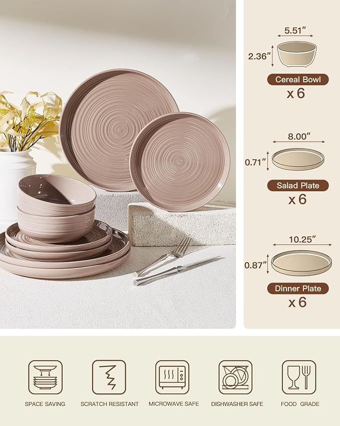 Stoneware Dinnerware Sets for 6, Plates and Bowls, Brown | 18-Piece Ceramic Speckled Spiral Dishes, Chip & Scratch Resistant, Microwave & Dishwasher Safe, Everyday Use, Farmhouse Style