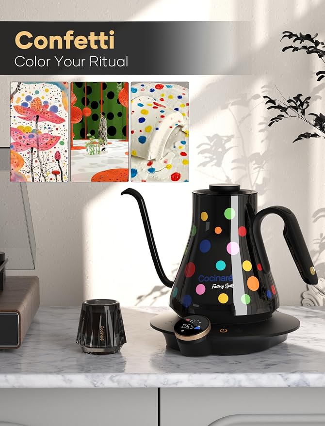 Cocinare Artisan Collection Gooseneck Electric Kettle, ±0.5°F Temperature Control for Pour Over Coffee & Tea, 1500W Fast Heating, Stainless Steel Interior, 0.9L, Confetti Design