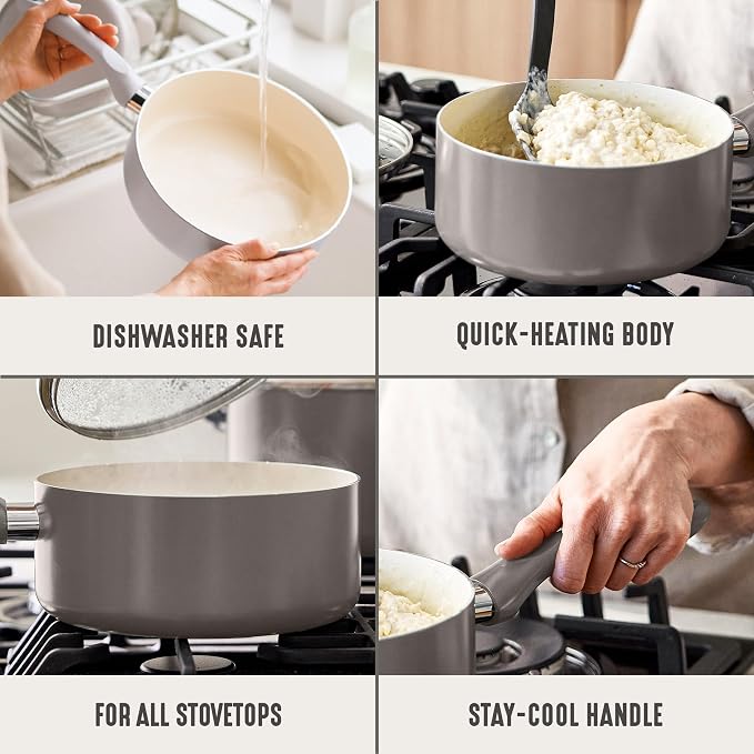 GreenLife 2QT Ceramic Nonstick Saucepan with Lid, Light Gray | PFAS-Free Ceramic Nonstick Coating, Soup Pot, Induction Ready, All Stovetop Compatible, Stay-Cool Handles, Dishwasher Safe