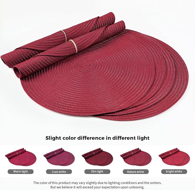 FunWheat Round Braided Placemats Set of 6 Place mats for Dining Tables Woven Heat Resistant Table Mats 15 inch (Wine)