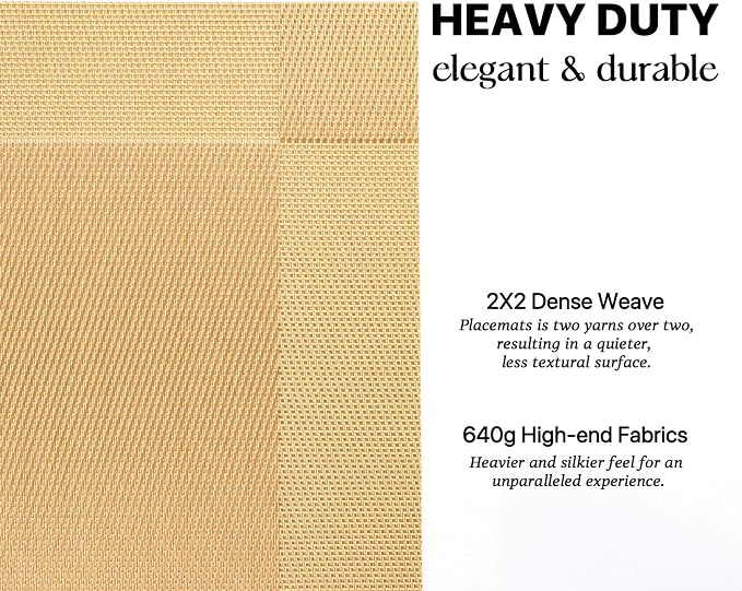LEXMORE Placemats Set of 6 Vinyl/Plastic Woven Place Mats for Kitchen Table Indoor/Outdoor Washable Placemat Wipeable Dining Table Mats(Gold Cube)