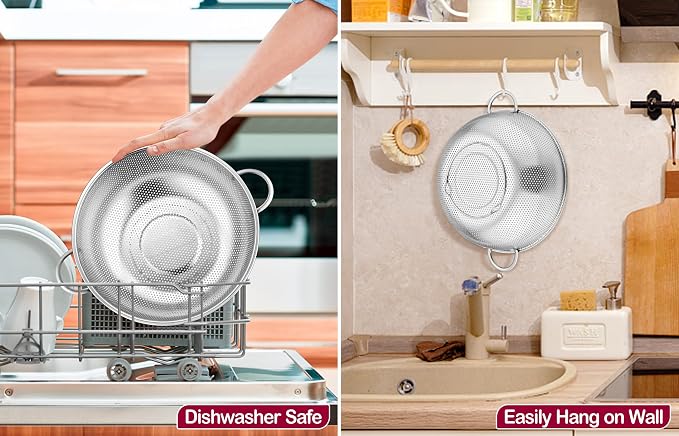 TeamFar Colander, 5qt Stainless Steel Micro-Perforated Colander Strainer | Metal Food Strainer for Draining/Washing/Rinsing Pasta Vegetables Fruits, Healthy, Sturdy & Dishwasher Safe