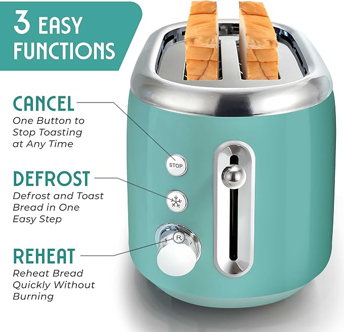 Mueller Retro Toaster 2 Slice with 7 Browning Levels and 3 Functions: Reheat, Defrost & Cancel, Stainless Steel Features, Removable Crumb Tray, Under Base Cord Storage, Turquoise