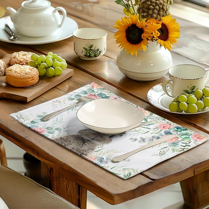 Easter Bunny Placemats Set of 4 Eucalyptus Leaves Rabbit Rose Place Mats 12x18 Inch Spring Seasonal Vintage Farmhouse Heat Resistant Washable Table Mats for Party Kitchen Dining