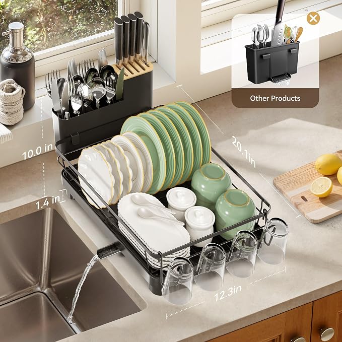 Runnatal Dish Drying Rack with Drainboard for Kitchen Counter and Sink | Large Dish Rack Rustproof Dish Drainer with Detachable 2-in-1 Utensil Holder, Extra Cup Holder, Black