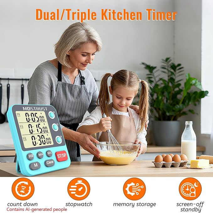 Digital Dual Kitchen Timer, Multiple Channels Countdown Timer | 3-Groups Triple Timer with Magnet-Back Memory-Preset Large Display Adjustable Volume, 3A Battery Included, Ideal for Cooking