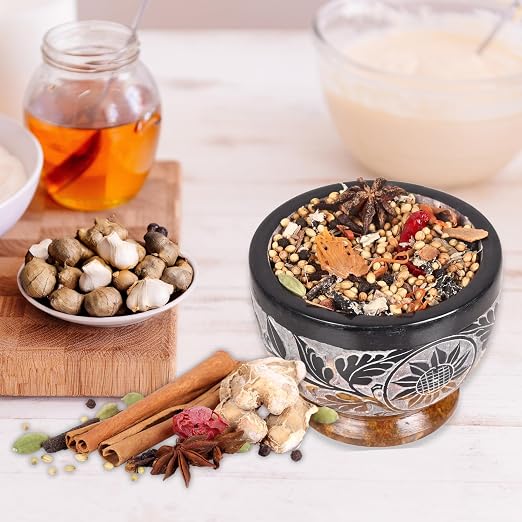 Mortar and Pestle, Made of Heavy Duty Polished Hard Stone, Natural Stone Grinder for Spices, Pastes, Herbs, Seasoning etc. (Black & Yellow)