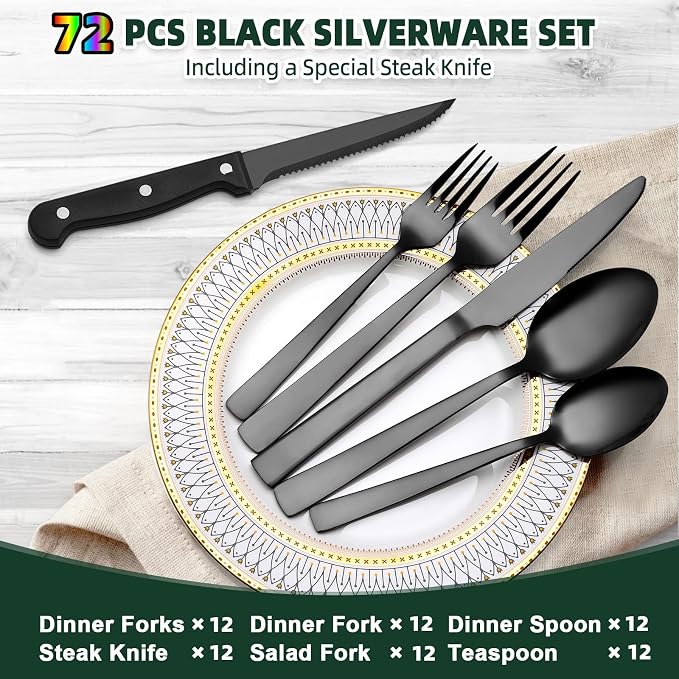 72-Piece Black Silverware Set with Steak Knives for 12, Black Flatware Set | CEKEE Stainless Steel Tableware Cutlery Set, Kitchen Utensils Set for Home & Restaurant, Heavy Duty & Mirror Finished