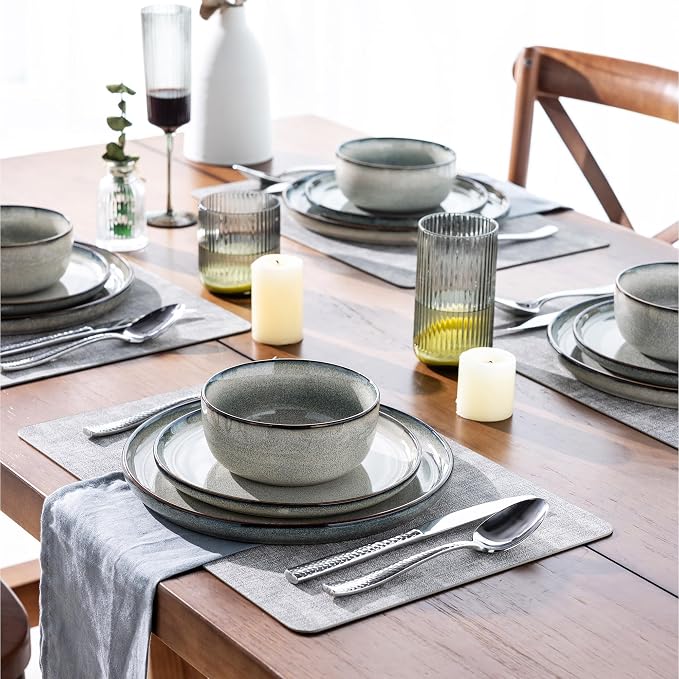 GBHOME Dinnerware Sets for 6, 24 Pieces Ceramic Plates and Bowls Set | Scratch Resistant Stoneware Dishes Set, Dishwasher & Microwave Safe, Reactive Glaze-Green Wheat