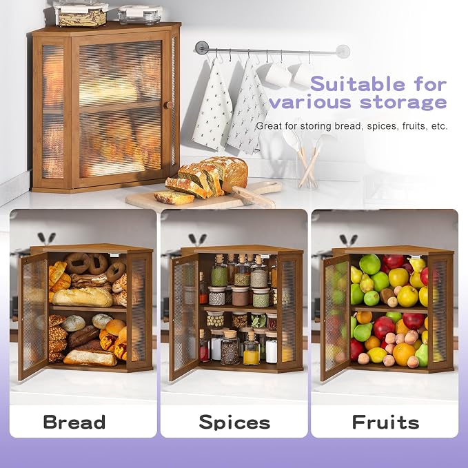 Corner Bread box for Kitchen Countertop,Farmhouse Bread Box with Acrylic Wavy Door Panel,Large Bread box for kitchen countertop,Food Storage Container (Brown, Extra Large)
