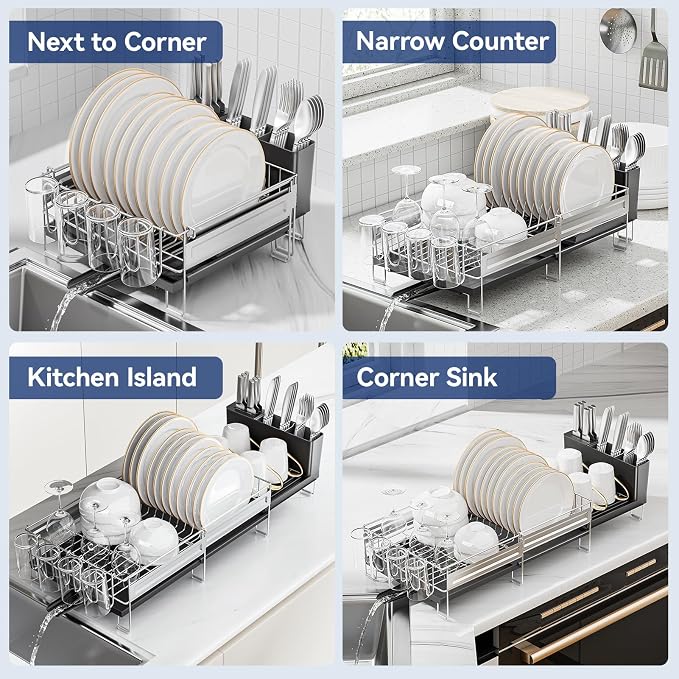 Stainless Steel Dish Drying Rack - Expandable Dish Racks for Kitchen Counter Organizer with Drain Board, Detachable Utensil & Cup Holder, Dish Drainer for Small Kitchen Counter, Black