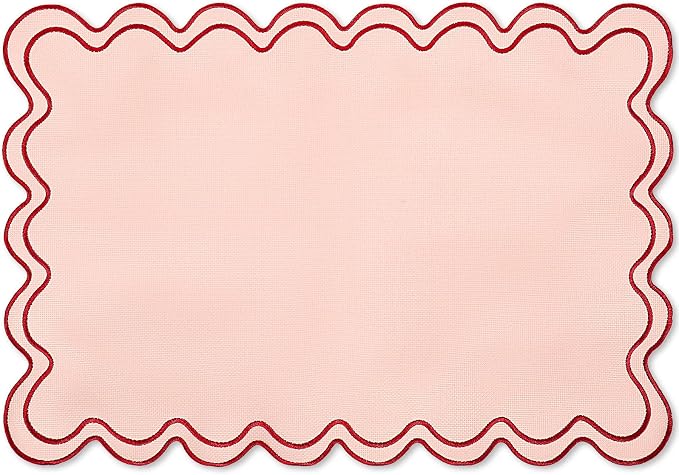 Whaline Vintage Red Pink Linen Placemats Embroidered Scalloped Kitchen Place Mats for Birthday Party Home Dining Table Decor, Set of 6, 13 x 19 in