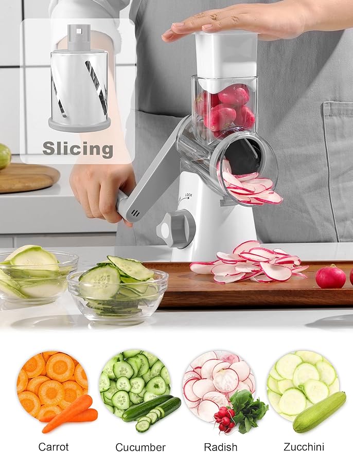 GDL Cheese Grater Hand Crank, Rotary Cheese shredder, Vegetable Slicer | 3 Stainless Steel Blades, 12x Fast Cutting, Non-slip Suction Base, No BPA, Dishwasher Safe, Easy Use for Cheese, Veggies, Nut
