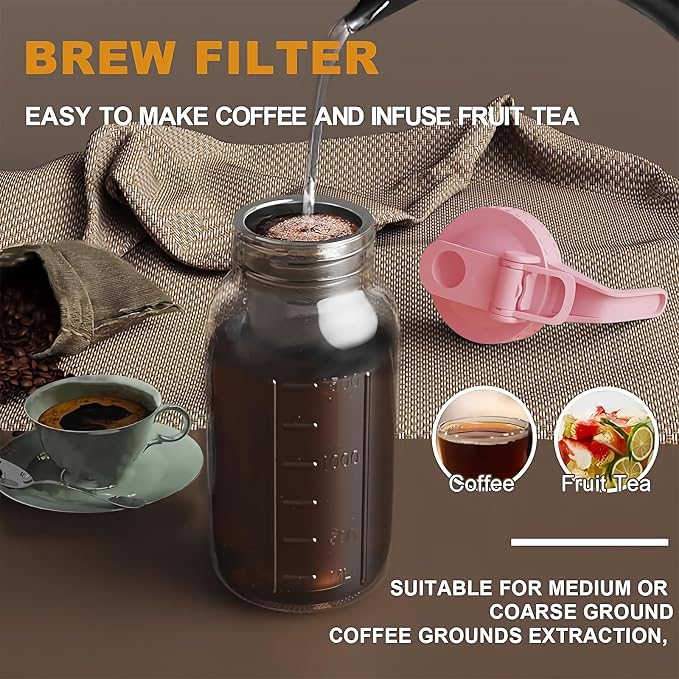 Cold Brew Coffee Maker, 32 oz Glass Mason Jar Pitcher | 100μm stainless steel filter, wide mouth design, leak-proof lid with handle, pour spout for iced coffee, tea and cold drinks