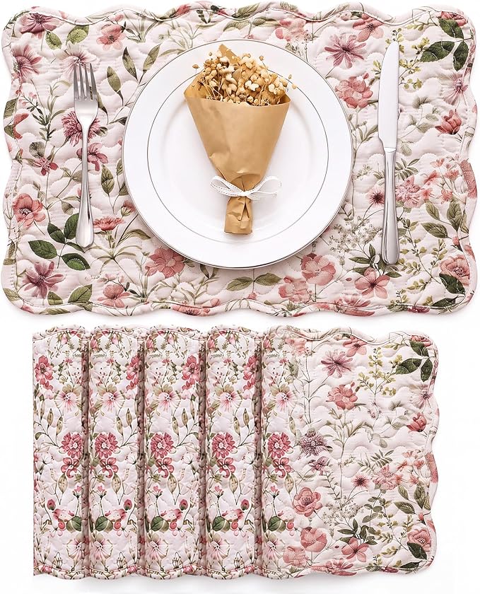 Quilted Placemats Set of 6, 18" x 13" Large Scalloped Cotton Placemat Washable Cloth Flowers Table Mats for Summer Party Kitchen Dining Farmhouse Cottagecore Decor(Flowers)