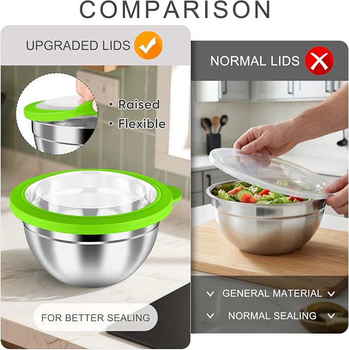 HaWare Mixing Bowls with Airtight Clear Lids, 6-Piece Stainless Steel Strong Nesting Bowls Set, Metal Salad Bowl for Cooking, Prepping, Baking, Serving & Food Storage, Size 4.6, 3, 1.5QT, Colorful