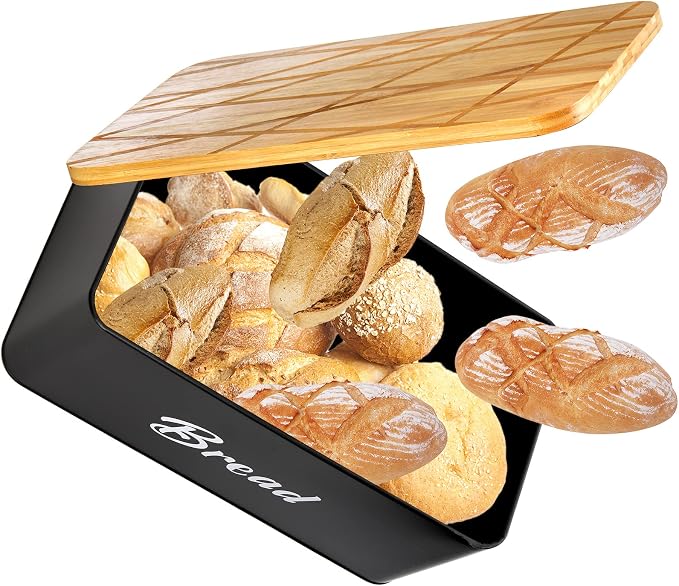Lyellfe Farmhouse Metal Bread Box, Cutting Board Lid | Black Vintage Bread Storage Container Keeper Bin for Kitchen Countertop, Pantry, Freezer, Keep Fresh