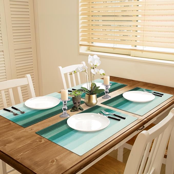 Emvency Farmhouse Placemats Set of 4, 12x18 Inch, Abstract Teal Striped | Modern Green Art Painting Table Mats for Outdoor Home Party Kitchen Dining Decoration