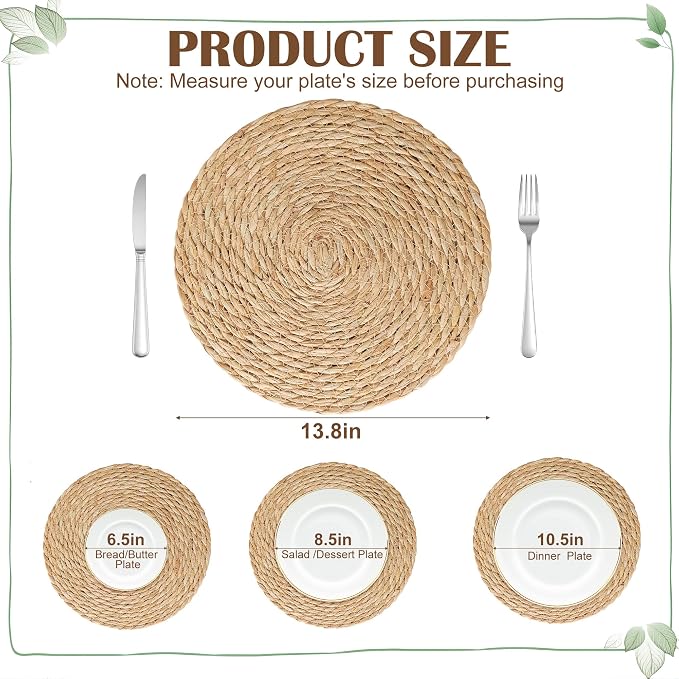 6 Pack 13.8IN Round Woven Placemats, Natural Bulrush Boho Farmhouse Mats | Heavy-duty hand-woven wicker mats for dining table, kitchen, patio BBQ, garden party. Flat-packed storage box. Rustic decor.