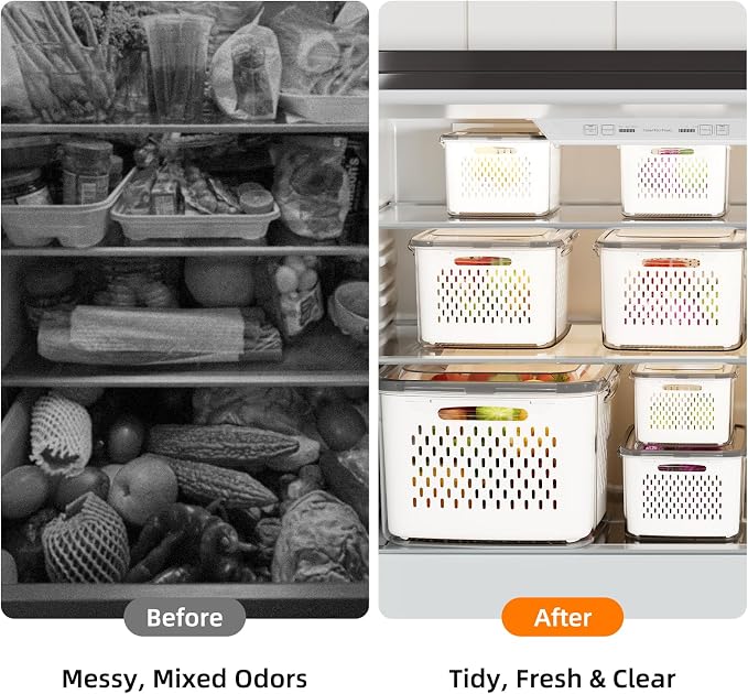 JOYZAN Fruit Storage Containers for Fridge with Airtight Lids 6 Pack | Airtight Food Storage Containers with Removable Colanders Fridge Organizers and Storage for Salad, Berry, Lettuce, Keeper