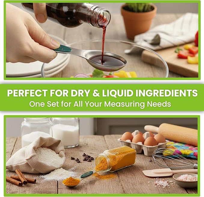 Spring Chef Stainless Steel Magnetic Measuring Spoons Set of 8, Very Merry | Dual Sided Metal Teaspoon & Tablespoon Measuring Spoons with Leveler for Dry & Liquid Ingredients, Fits in Kitchen Spice Jars
