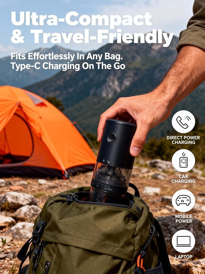 LAMIDO Portable Electric Burr Coffee Grinder - Grind While Charging - Visual Bean Hopper - 38 External Grind Settings - 1.8X Faster Grinding - 2000 mAh Battery for Travel, Camping (Matte Black, E96T)