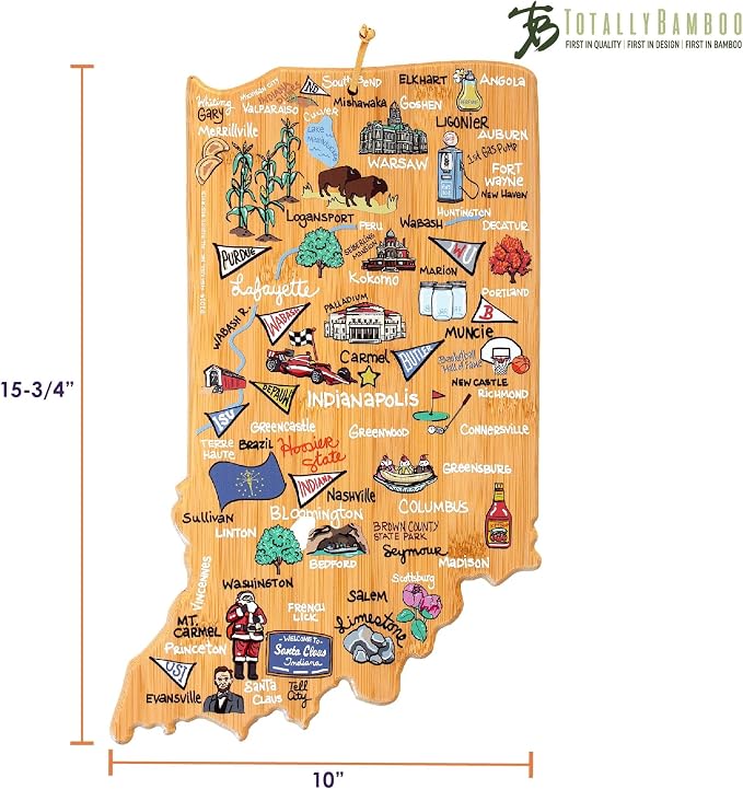 Totally Bamboo Indiana State Shaped Cutting Board, Art by Fish Kiss | State charcuterie board with colorful hand-drawn map artwork. Smooth reverse side for food prep. Hang tie for wall display.
