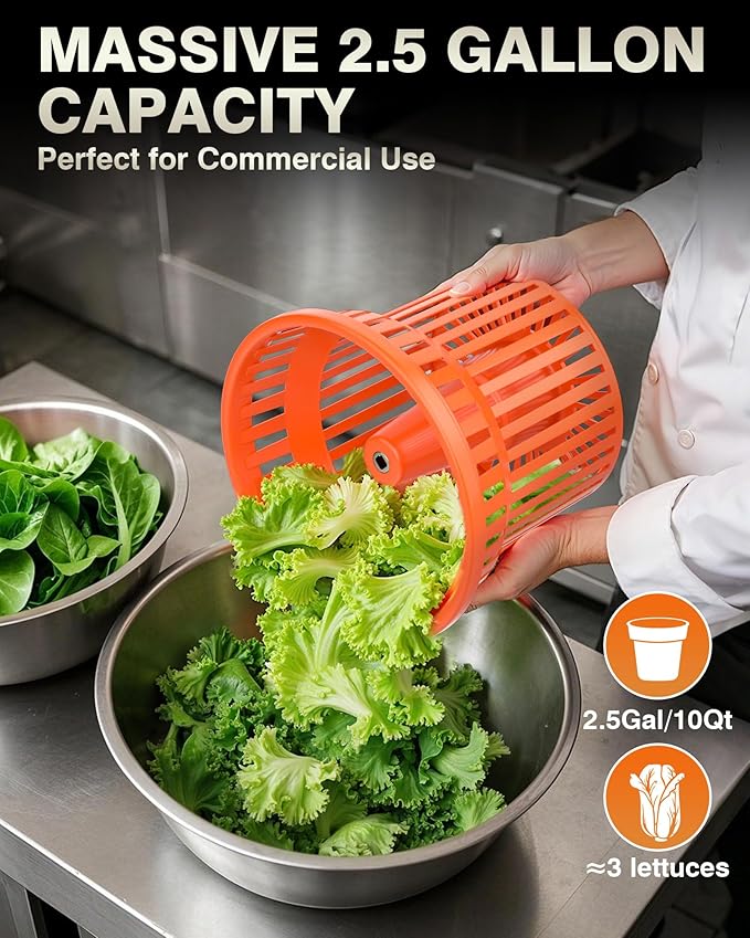 WantJoin Commercial Salad Spinner - [2.5 Gallon Salad Dryer] w/Aluminum Handle & [Draining Hose], 10Qt Manual Salad Spinner for up to 3 Heads of Lettuce Spinner Large for Catering Kitchen, Orange