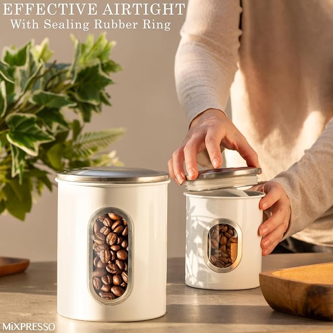 Mixpresso 3-Pcs White Canisters Set for Kitchen Storage Airtight Jars | See-through window, coffee container, tea organizer, sugar canister, 3 nesting sizes, counter decor, easy press-on lids