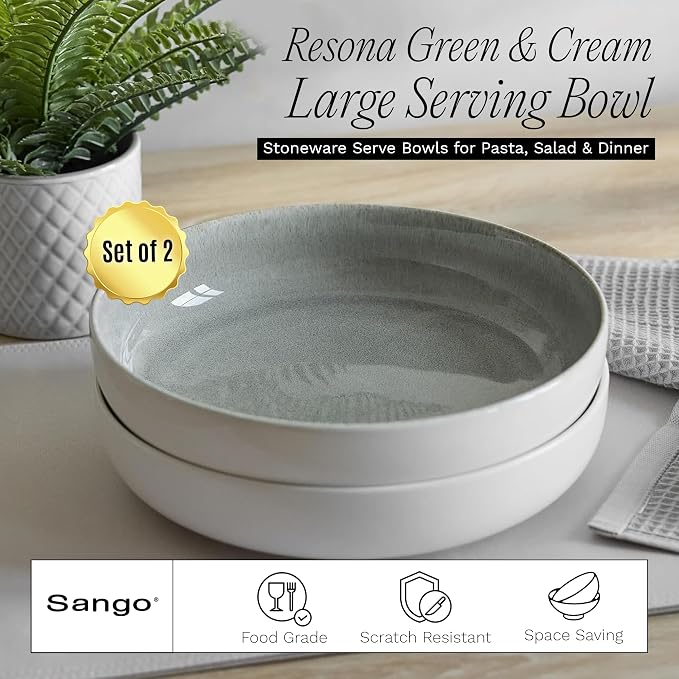 SANGO Resona Moss Large Serving Bowl (Set of 2), 64.25 oz, 10" Stoneware Bowls for Pasta, Salad & Dinner, Big Ceramic Bowls for Entertaining with Glossy Reactive Glaze, Dishwasher & Microwave Safe