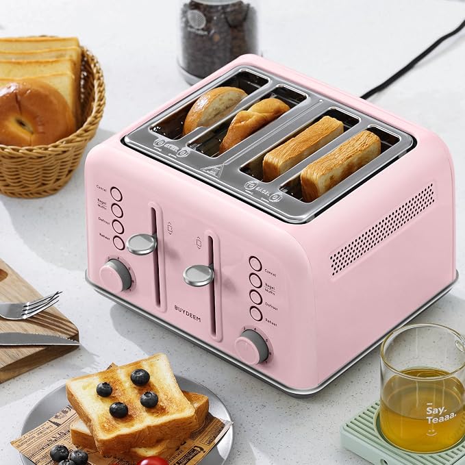 BUYDEEM DT640 4-Slice Toaster, 7 Shade Settings, Extra Wide 1.5’’ Slots for Bagel & English Muffin, 6 Toasting Functions, Retro Stainless Steel Toaster with High Lift Lever, 1800W, Pink