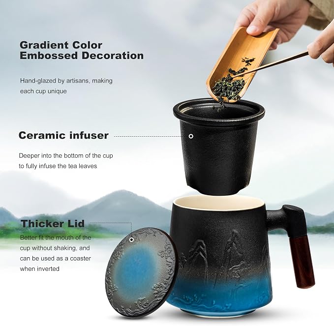 suyika Ceramic Tea Cup with Infuser and Lid, Matte Black 15.2 oz / 450 ml | Gradient Embossed, Large Tea Mug, Wooden Handle