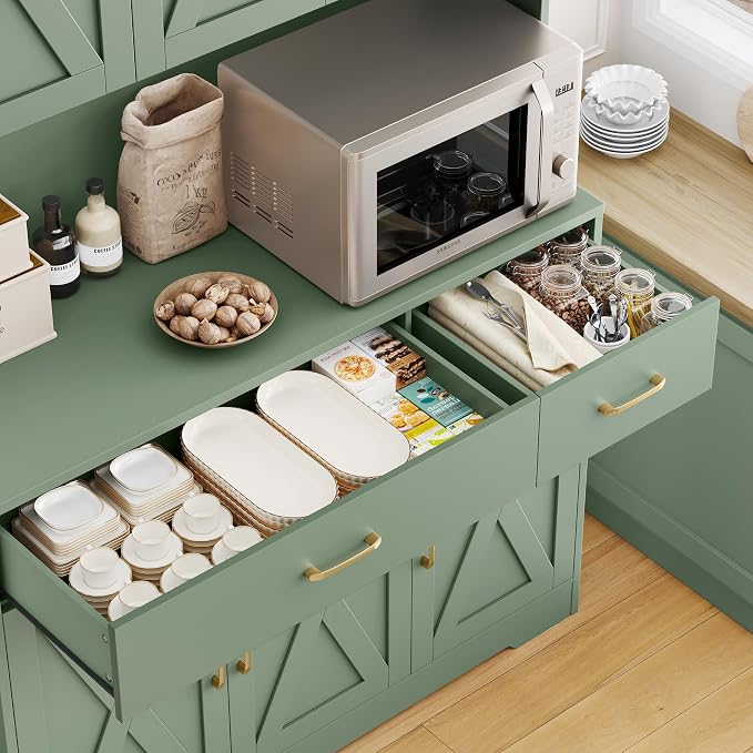 HOSTACK 71"H Kitchen Pantry Storage Cabinet, Farmhouse Hutch Cabinet, Green | Space-Saving Pantry Cabinet with Charging Station & 2 Large Drawers & Adjustable Shelves, Tall Kitchen Hutch, Dining Room
