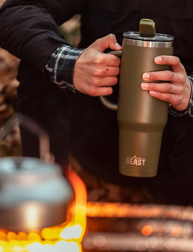 Beast 42 oz Tumbler with Handle Stainless Steel Vacuum Insulated Coffee Ice Cup Double Wall Travel Flask (Army Green)