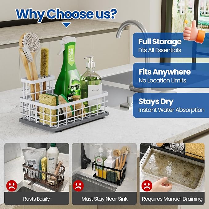 Kitchen Sink Caddy Organizer with Sponge & Brush Holder, Stone Drying Mat | Extra-Large Kitchen Countertop Organizer, Stainless Steel Kitchen Sink Accessories with Quick-Dry Soap Tray for Fewer Stains