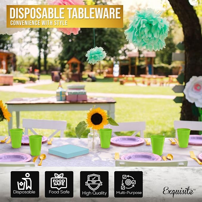 Party Solids 350 Pieces Easter Plates For Party, Easter Disposable Plates Set, 50 Of Each 9" Dinner Plate Set, 7" Dessert Plate, Cups, Napkins & Cutlery Plastic Dinnerware Set