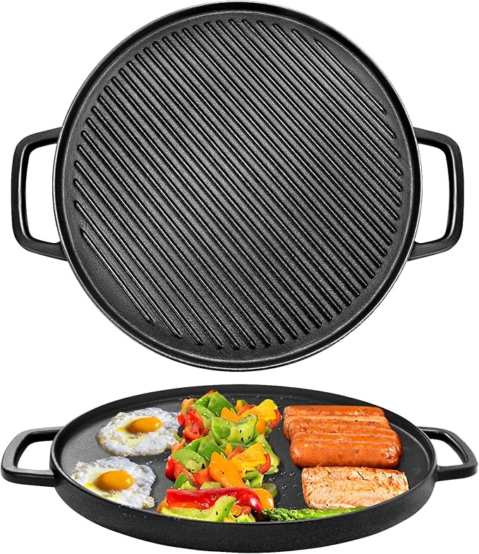 GGC Reversible Cast Iron Griddle for Stove Top, 14" Round Griddle Pan | Double Sided Griddle Plate Perfect for Gas Grills and Outdoor Cooking, Baking Flat and Ribbed Grill Griddle