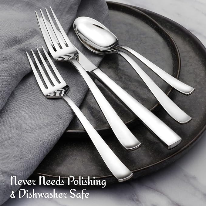 Mikasa Barrett 45-Piece Flatware Set, 18/10 Stainless Steel Silverware Set, Service for 8, Minimalist Square-Tip Handles, Dishwasher Safe
