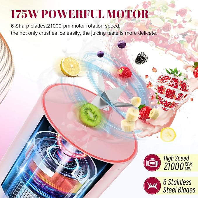 2PCS Portable Personal Blender 17 OZ/500 ML Juicer, 175W Personal Size Blender, Ideal for Smoothies, Ice Blending, Juicing, and Food Processing, Compact, Convenient, and Versatile (Pink&White)
