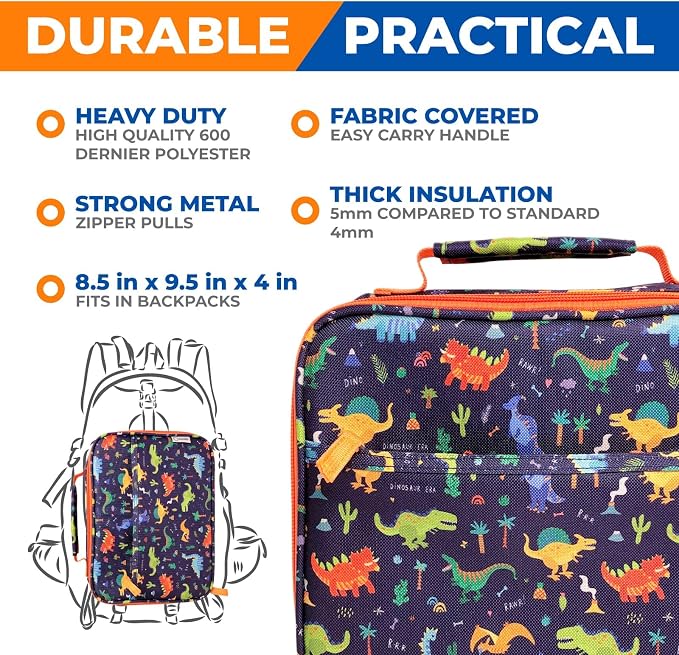 kinsho Kids Bento Lunch Box, Water Bottle, Ice Pack & Bag, Blue Dinosaur | 5 Leakproof Portion Compartments, BPA-Free Removable Tray, Insulated Meal, Snack Container for Toddlers, Pre-School & Daycare