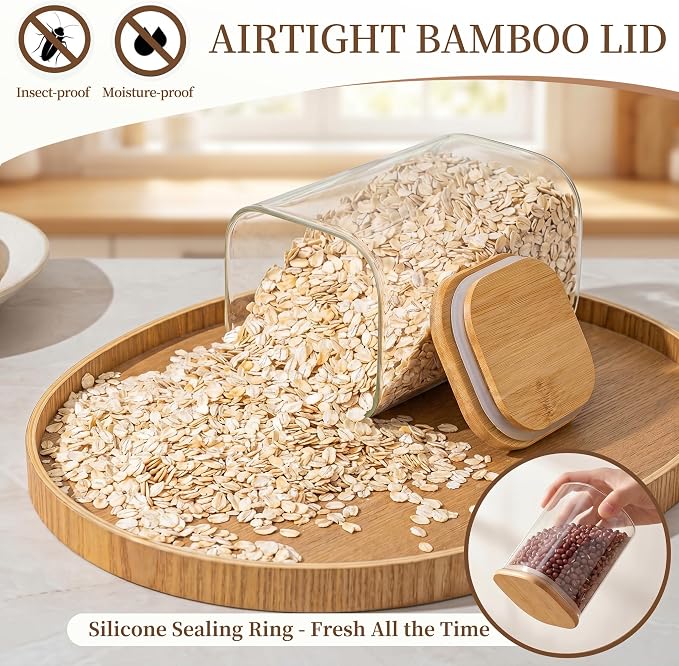 24/ 37/ 51 Oz Glass Jars - 6 Pack Food Storage Containers with Lids Square | Food-grade durable clear canister, Bamboo seal cover, Stackable, BPA-Free, for sorting oats, Coffee beans, Snacks & More