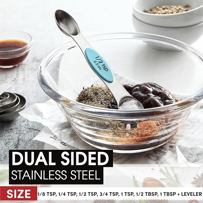 Spring Chef Stainless Steel 8 Magnetic Measuring Spoons, 2 Pack, Aqua Sky | Nesting Metal Teaspoon & Tablespoon Measuring Spoons with Leveler for Dry & Liquid Ingredients, Dual Sided, Dishwasher Safe