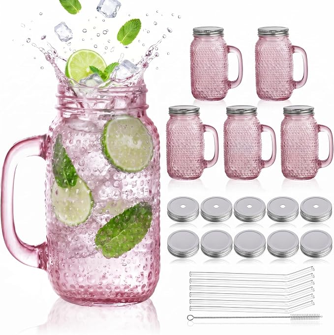 DaYammi 6 Pack 24oz Hobnail Mason Jars Cups Drinking Glass Cups with Lids & Straws, Pink Wide Mouth Mason Jars Cups with Handle, Tumblers for Coffee Smoothies, Iced Tea, Juice, Beer, Cocktail, Whiskey